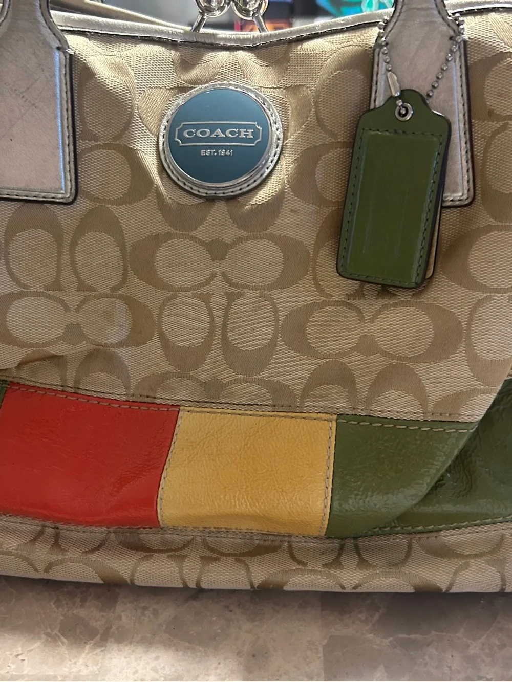 Coach Metallic Silver Leather Creed Patch with Pink Lining